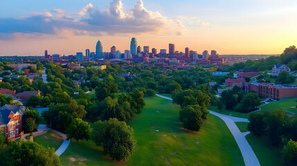 Naklejka premium Sunset cityscape panorama city skyline at dusk, green park in foreground. Ideal for travel brochures