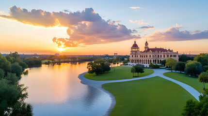 Fototapeta premium Sunset over grand palace, reflecting on tranquil lake. Scenic grounds, peaceful atmosphere. Ideal for travel brochures