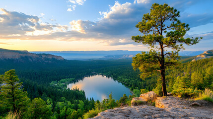 Sunset over mountain lake, scenic vista, tranquil nature, peaceful landscape, perfect for travel brochures