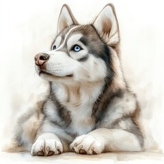 Obraz premium A beautiful Siberian Husky with striking blue eyes resting peacefully on a soft surface, exuding tranquility