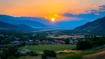 Sunset over mountain valley town