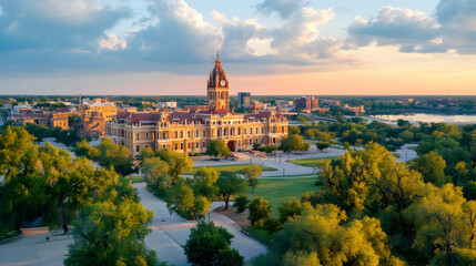 Fototapeta premium Sunset view of Texas Capitol building, cityscape, and park. Use Tourism brochure