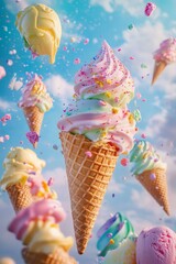 Colorful ice cream cones and scoops levitating against a bright blue sky.