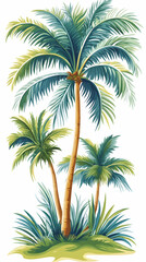 Obraz premium Tropical palm trees on island, lush greenery background, vacation postcard design