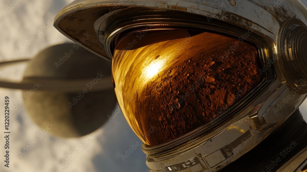 Poster astronaut on mars with reflection of saturn and celestial bodies in the helmet visor