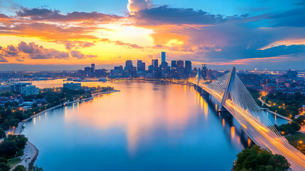 Vibrant sunrise over city skyline, bridge reflecting in calm water, ideal for travel brochures