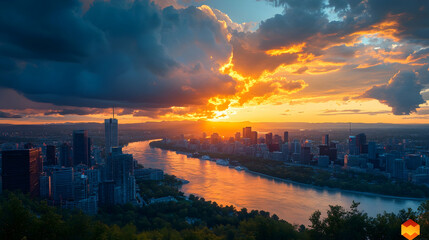 Naklejka premium Vibrant sunset over city skyline, river, and distant mountains. Ideal for travel brochures or city guides