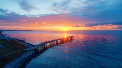 Obraz premium Vibrant sunset over ocean pier, coastal landscape, peaceful evening. Perfect for travel brochures