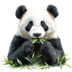 Fototapeta premium A playful panda munching on bamboo, surrounded by lush green leaves in a serene natural setting