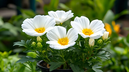 Obraz premium White flowers bloom in a garden pot, green foliage in background, perfect for spring cards
