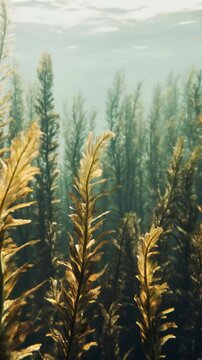 Underwater scene showcasing golden bladderwrack seaweed swaying gently in the currents, with sunlight filtering through