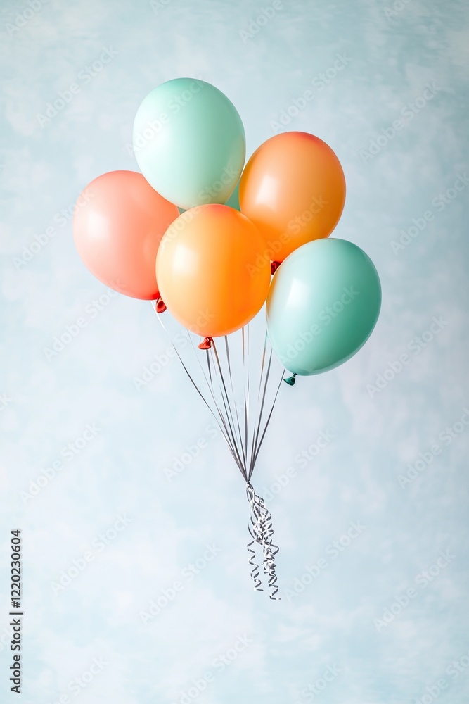 Poster collection of colorful birthday balloons floating against soft blurred background minimalistic desig