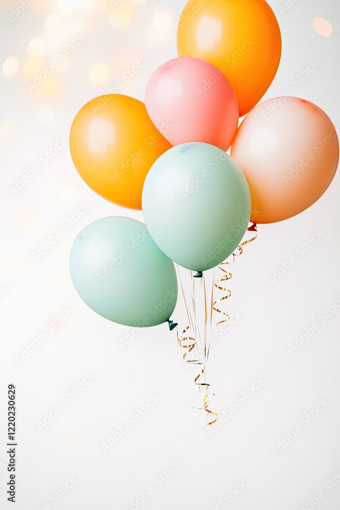 Poster collection of colorful birthday balloons floating against soft blurred background minimalistic desig