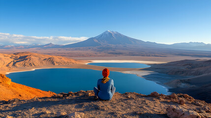 Fototapeta premium Woman contemplates Andes volcano, turquoise lake; scenic desert landscape; travel adventure