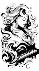 Fototapeta premium Woman playing piano, flowing hair, artistic style, music theme, website/album art