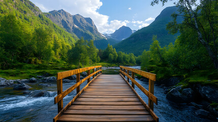 Fototapeta premium Wooden bridge over river, scenic mountain valley, Norway, summer travel