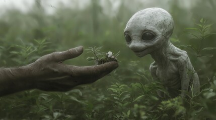 Mysterious Alien Encounter in Lush Greenery with Hand Offering Plant to Extraterrestrial Being