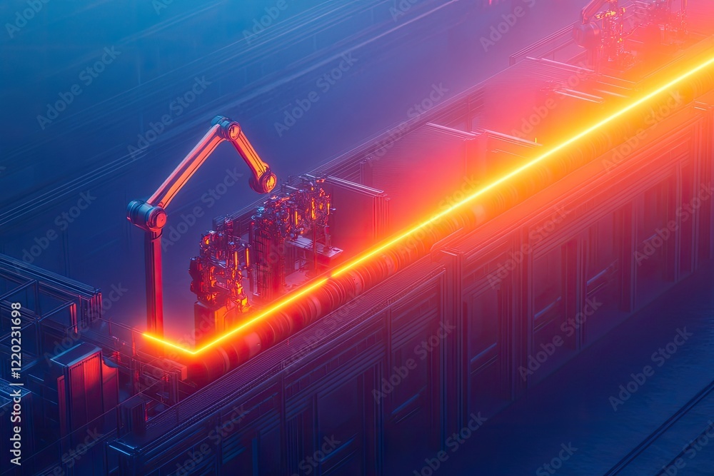 Poster fully automated ai-powered factory with robotic arms assembling intricate machinery at lightning spe