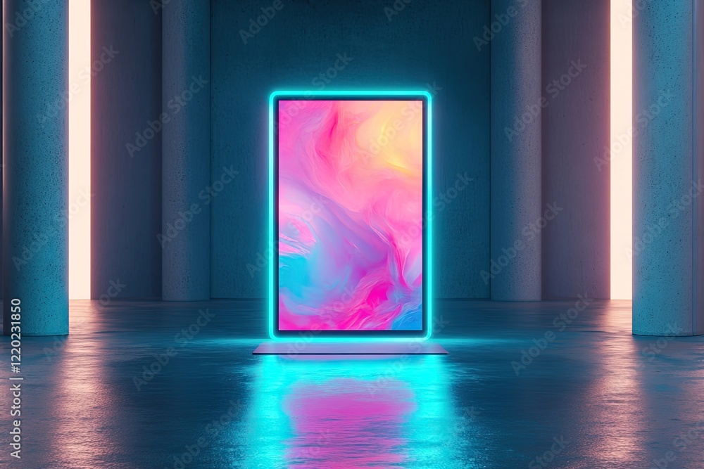 Poster futuristic design studio with glowing tablet displaying vibrant abstract designs dynamic lighting wi