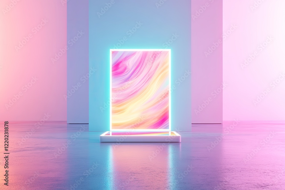 Poster futuristic design studio with glowing tablet displaying vibrant abstract designs dynamic lighting wi