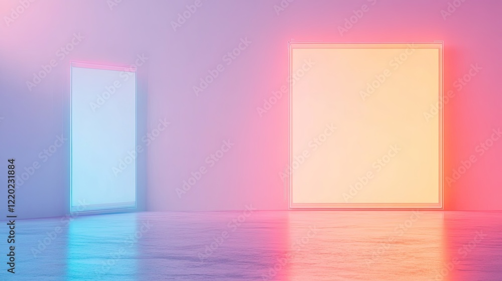 Poster futuristic digital art studio vibrant holographic tools and abstract sketches on display dynamic col