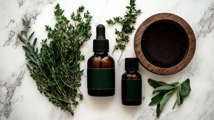 Fototapeta premium Natural Skincare Products Herbal Essences Thyme Sage Marble Background
