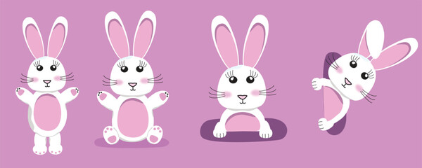 Cute bunny. rabbit in several poses. White bunny with pink paws on a purple background. Vector illustration

Cute bunny. white rabbit with pink folded ears peeks out of a hole on the side. Bunny on a 