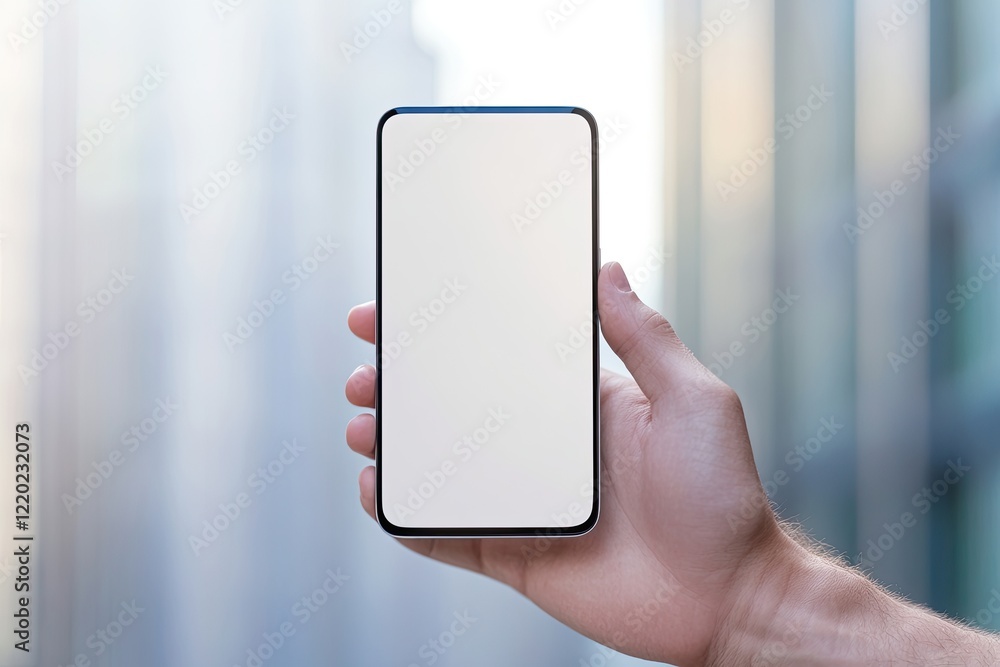 Poster futuristic minimalist smartphone held in hand with large screen and ample copy space visible