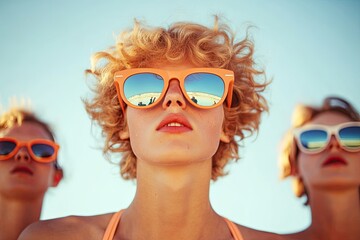 grainy sun-drenched portrait of group of friends at 1970s beach party wearing retro swimsuits and sunglasses