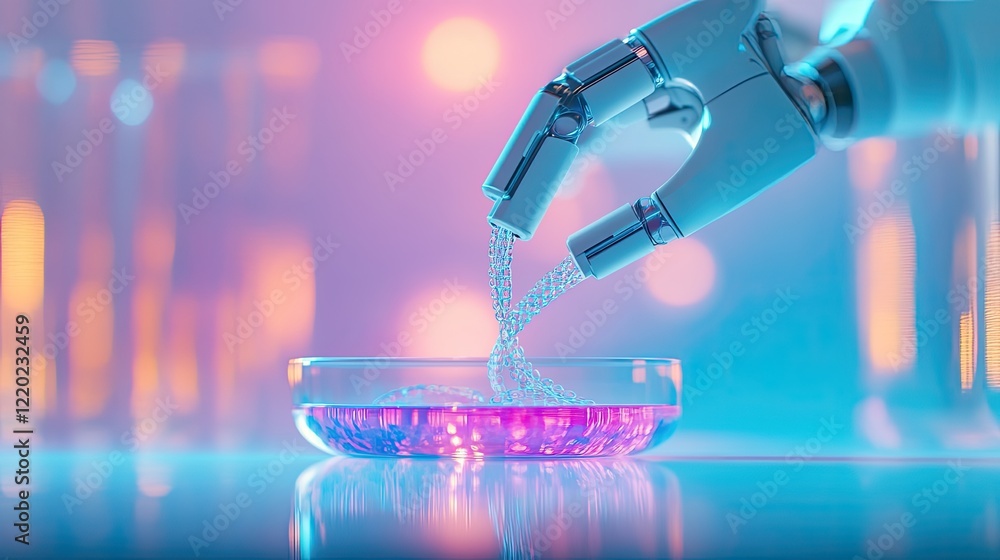Poster high-tech laboratory with robotic arm manipulating dna strands in petri dish background softly blurr