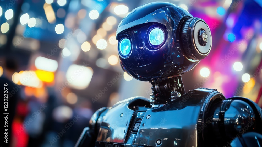 Poster futuristic robot with glowing eyes and metallic finish in a crowded event space