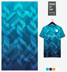 soccer jersey fabric textile pattern design for football kit, sport t-shirt mockup for football club. Uniform front view. Geometric pattern for sport clothing. Chevron pattern. © tondruangwit