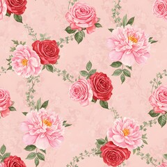 A seamless floral pattern featuring blooming roses and peonies intertwined with ivy on a pastel pink background.