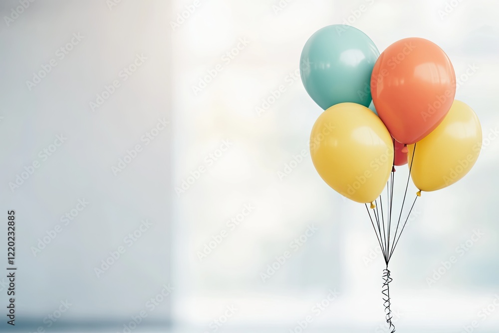 Poster minimalist composition featuring colorful balloons floating against soft blurred background capturin