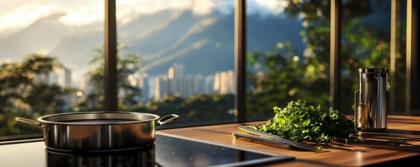 Fototapeta premium A serene kitchen scene featuring a pot on a stove, fresh herbs on a wooden countertop, and stunning views of mountains and a city skyline through large windows.