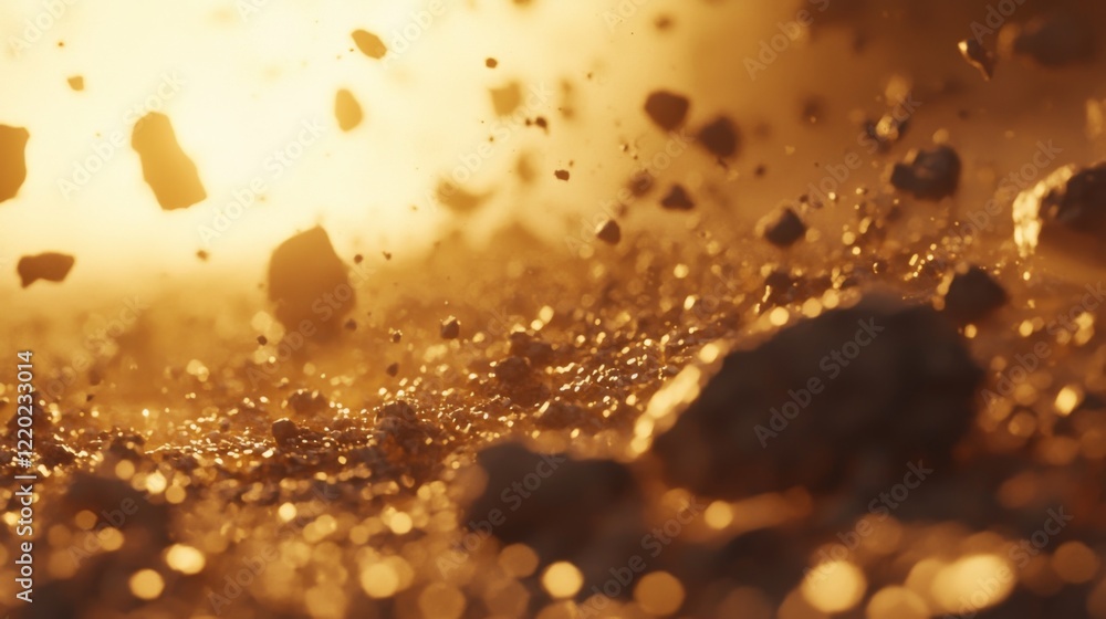 Poster dust and debris floating in sunlight with sparkling particles over ground surface at golden hour