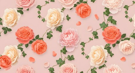A seamless floral pattern featuring blooming roses and peonies intertwined with ivy on a pastel pink background.