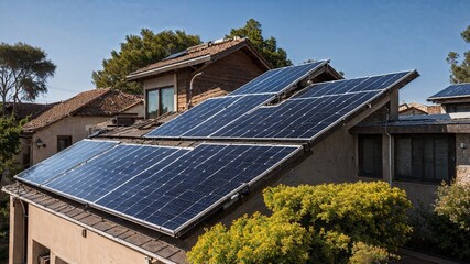 Electric solar panels on the roof absorbing bright sunlight. Generative AI.
