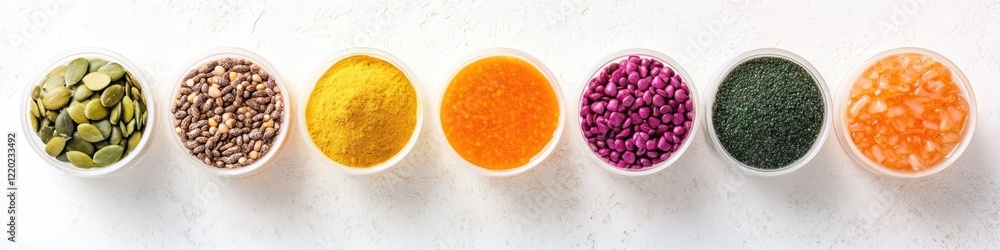 Poster precision-aligned display of colorful superfoods arranged in symmetrical grid featuring ample copy s