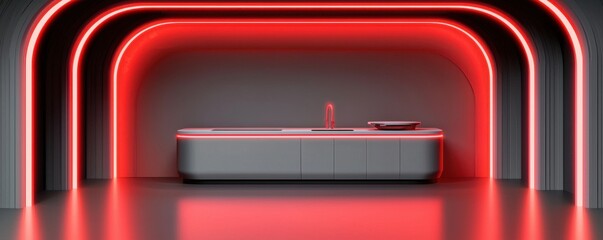 Obraz premium A modern kitchen space featuring sleek cabinetry illuminated by vibrant red LED lights, creating a stylish and futuristic atmosphere.
