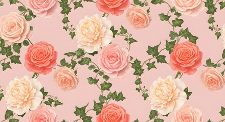 A seamless floral pattern featuring blooming roses and peonies intertwined with ivy on a pastel pink background.