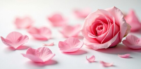 Delicate rose petals scattered on a soft white background with gentle bokeh effect, white, bokeh, floral