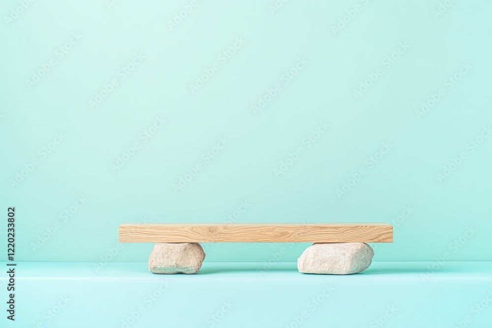 Poster serene photo of single wooden plank resting on clean solid color background minimalistic and invitin