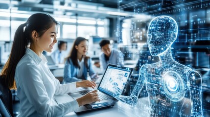 Woman working with AI hologram in office.