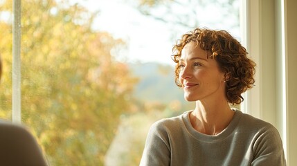 therapist seated near window their posture relaxed and welcoming as they converse with client