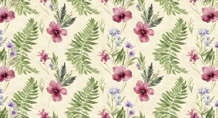 Elegant wildflowers and fern leaves in a seamless watercolor pattern on a soft cream background