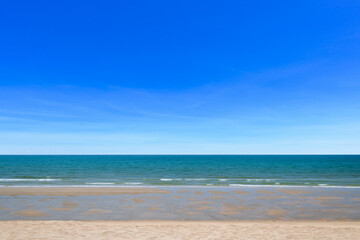 Beautiful seascape with blue sky on a sunny day. Nature background. Sea surface in sun light. Relaxing natural photo wallpaper. Teal blue ocean view. Breezy wavy seawater. Water background texture.