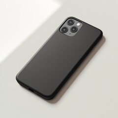 Black smartphone in a protective case on a white surface.