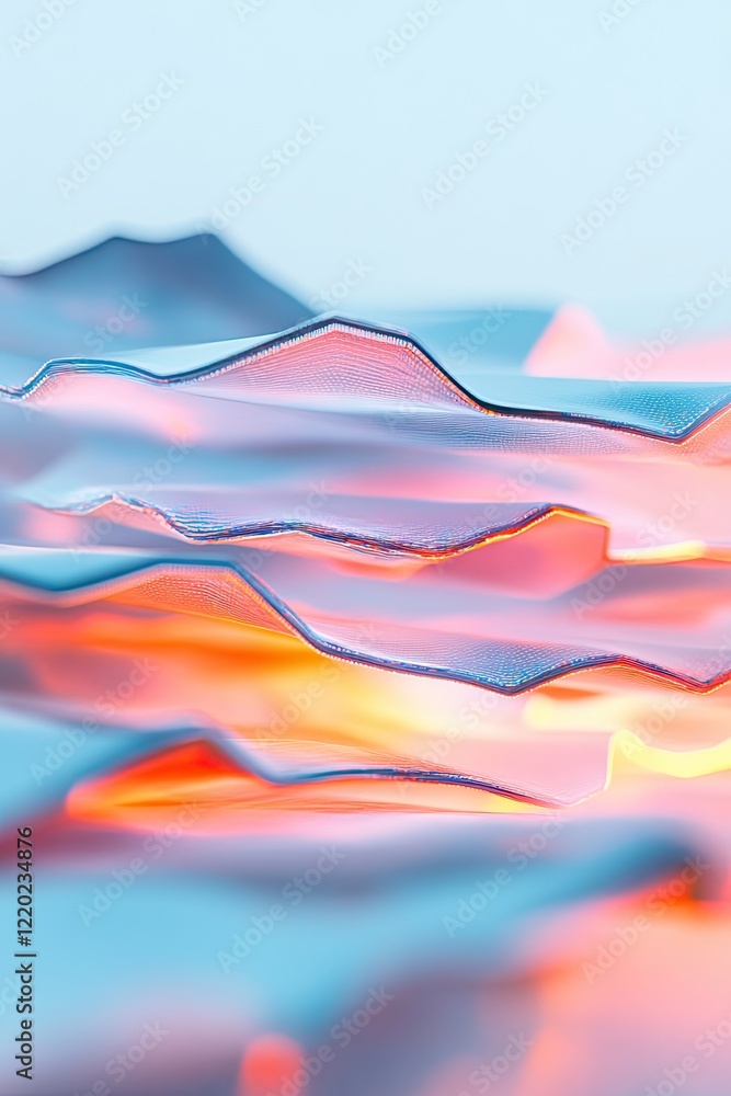Poster abstract futuristic landscape composed of layered holographic structures with shifting colors and gl