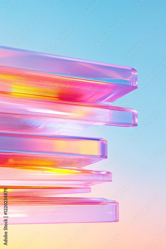 Poster abstract futuristic landscape composed of layered holographic structures with shifting colors and gl